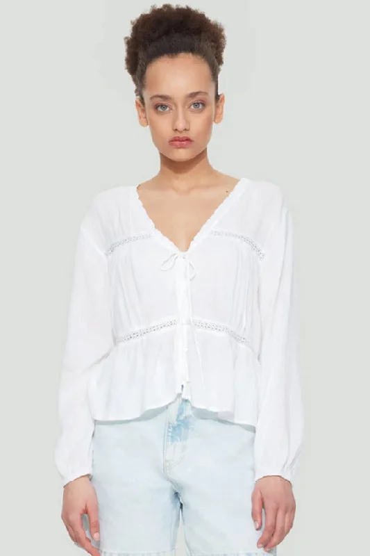 Women's Fashion Blouses -Dex Lace Insert Tied Blouse