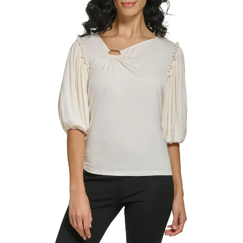 Women's V-neck Blouses -DKNY Womens Embellished Puff Sleeve Blouse