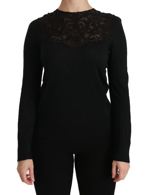 Women's Embroidered Cotton Blouses -Dolce & Gabbana Elegant Silk-Blend Black Lace Blouse Women's Embroidered Cotton Blouses -Dolce & Gabbana Elegant Silk-Blend Black Lace Blouse