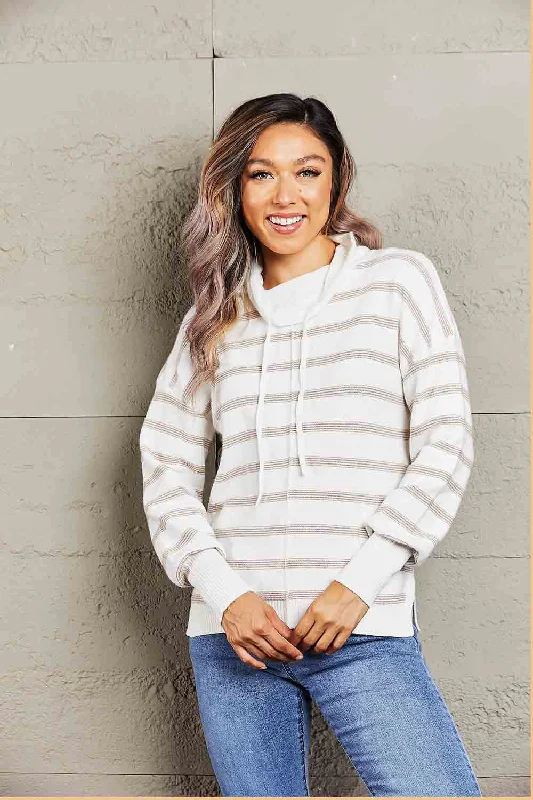 Women's Relaxed Fit Shirts -Double Take Cowl Neck Drawstring Dropped Shoulder Striped Print Blouse Women's Relaxed Fit Shirts -Double Take Cowl Neck Drawstring Dropped Shoulder Striped Print Blouse