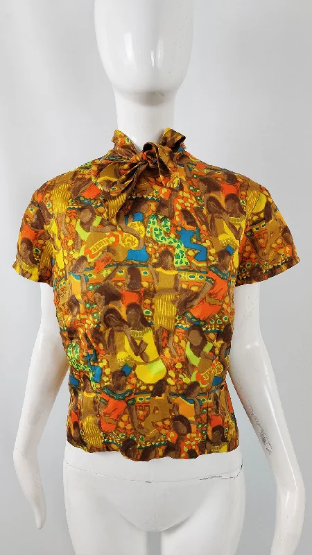 Women's Western Shirts -Hardy Amies Vintage Egyptian Print Silky Pussybow Blouse, 1960s Women's Western Shirts -Hardy Amies Vintage Egyptian Print Silky Pussybow Blouse, 1960s
