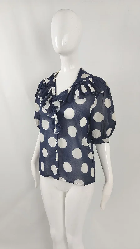 Women's Boho Tops -Jean Dessés Vintage Navy Sheer Cotton Blouse, 1980s
