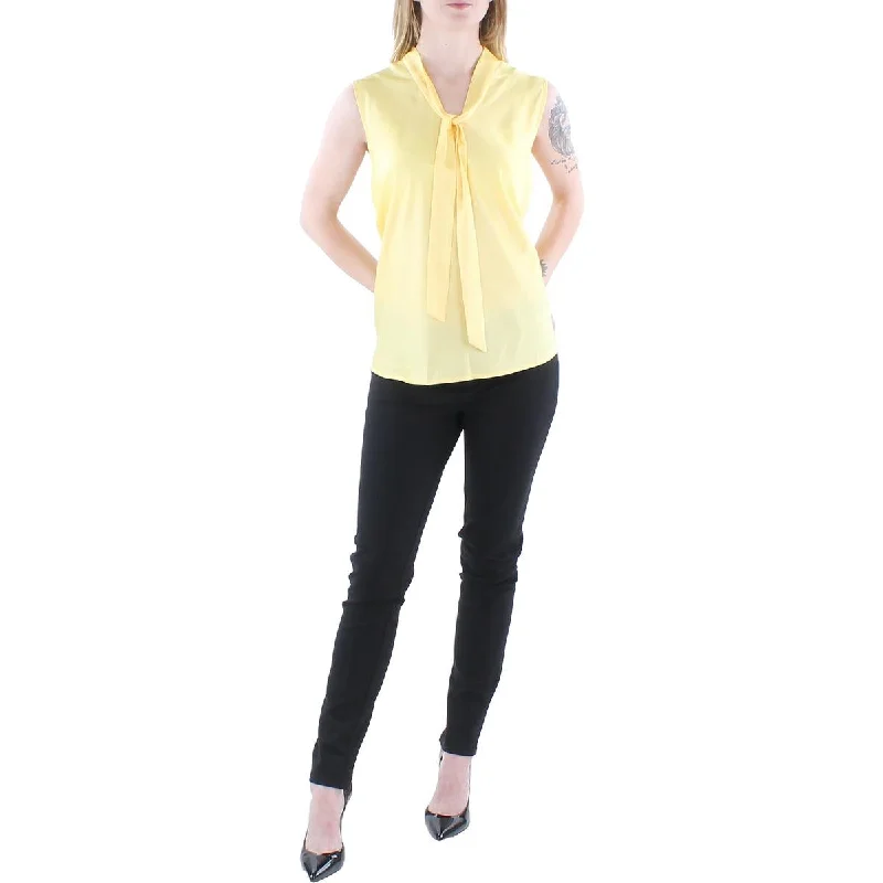 Women's Button-up Blouses -Kasper Womens Petites Satin Tie Neck Blouse
