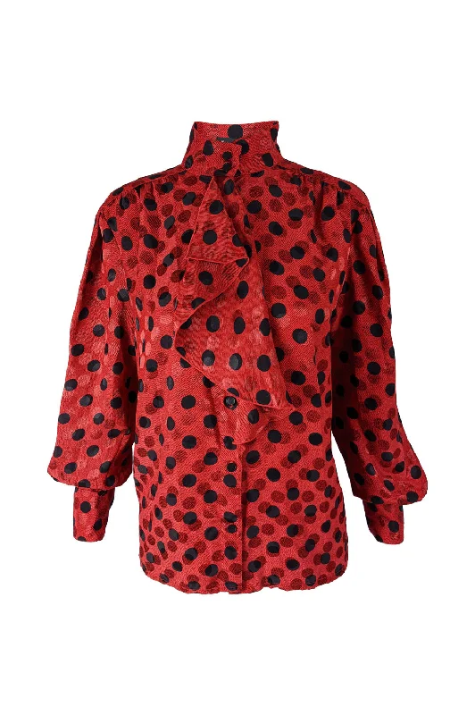 Women's Plus Size Shirts -Vintage Red & Black Satin Jacquard Polka Dot Blouse, 1980s Women's Plus Size Shirts -Vintage Red & Black Satin Jacquard Polka Dot Blouse, 1980s