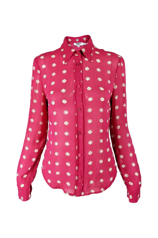 Women's Long Sleeve Blouses -Womens Vintage Sheer Pink Baseball Pattern Blouse, Y2K