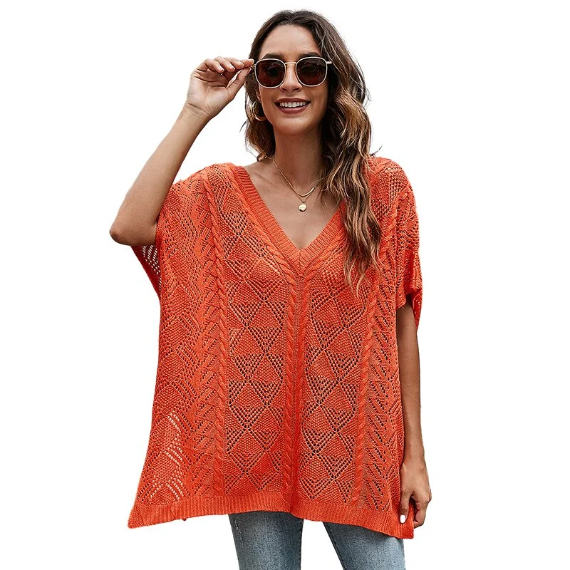 Women's V-neck Shirts -New Summer Openwork Batwing Sleeve Sweater Pullover Loose Knitted Blouse Solid Color V-neck Hollow Out Short Sleeve Shawl Women's V-neck Shirts -New Summer Openwork Batwing Sleeve Sweater Pullover Loose Knitted Blouse Solid Color V-neck Hollow Out Short Sleeve Shawl