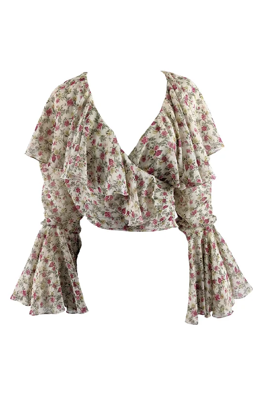 Women's Crewneck Shirts -Vintage Romantic Floral Print Chiffon Bell Sleeve Blouse, 1980s Women's Crewneck Shirts -Vintage Romantic Floral Print Chiffon Bell Sleeve Blouse, 1980s