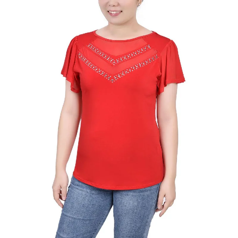 Women's Flannel Shirts -NY Collection Womens Petites   Studded Flutter Sleeve Blouse