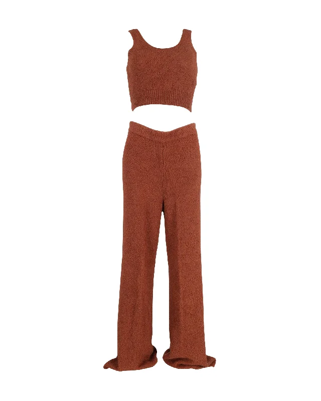 Women's Sweater Set for Casual Wear -Reformation + Net Sustain Isle Bouclé Cropped Top And Wide-Leg Pants Set in Brown Organic Cotton Women's Sweater Set for Casual Wear -Reformation + Net Sustain Isle Bouclé Cropped Top And Wide-Leg Pants Set in Brown Organic Cotton