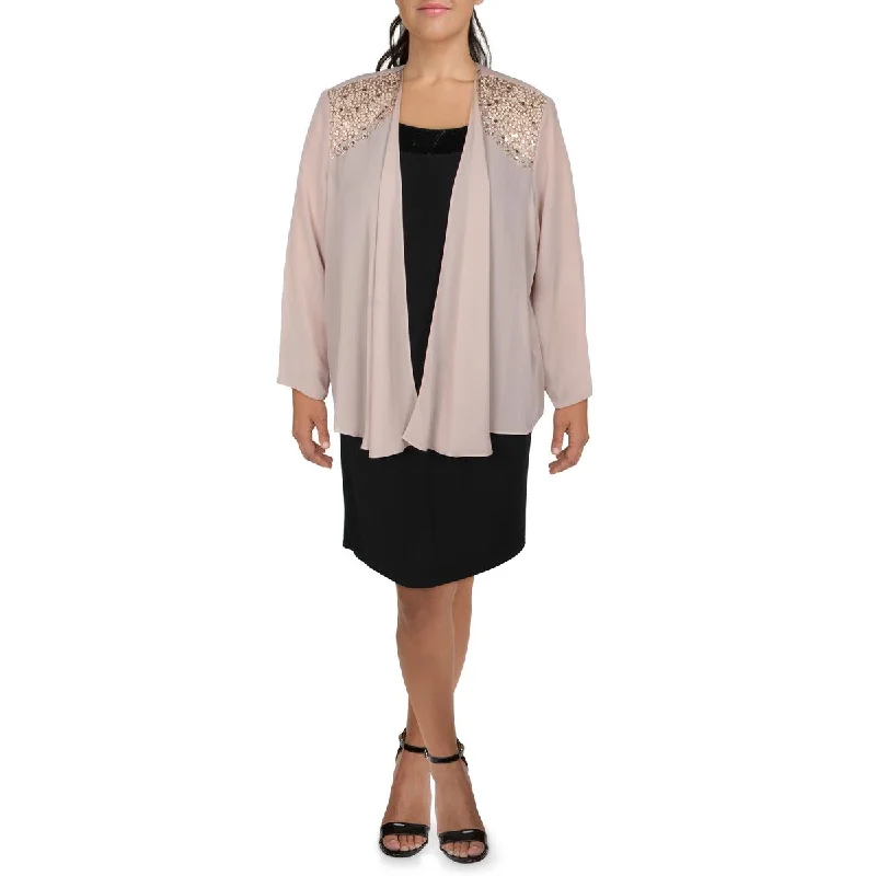 Women's Blazers for Summer -SLNY Womens Plus Chiffon Embellished Collarless Blazer