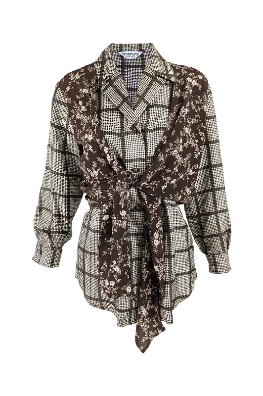 Women's Printed Cotton Blouses -Vintage Silk Floral & Check Layered Blouse, 1990s