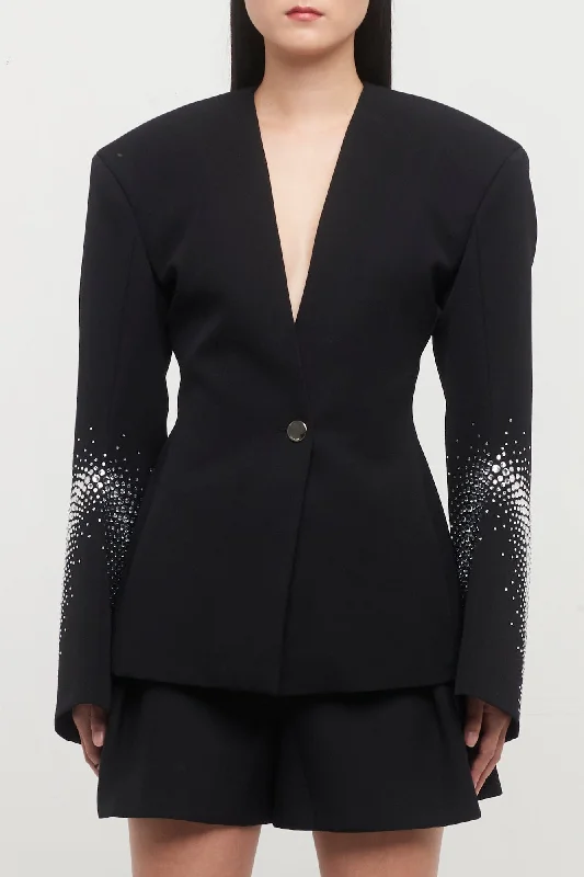 Women's Blazers with Puff Sleeves -The Attico Gabardine Blazer in Black and Silver