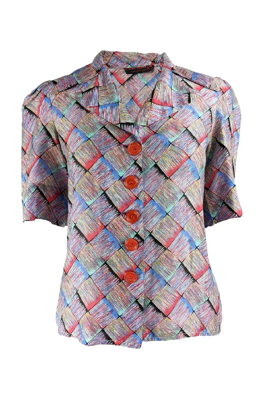 Women's Casual Work Shirts -Vintage Womens Short Puff Sleeve Blouse, 1970s
