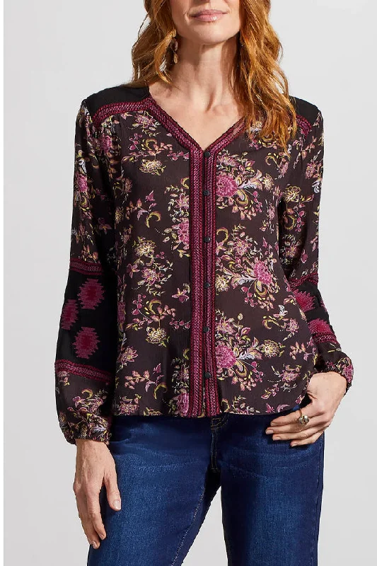Women's Elegant Blouses -Tribal Button Front Embroidered Blouse
