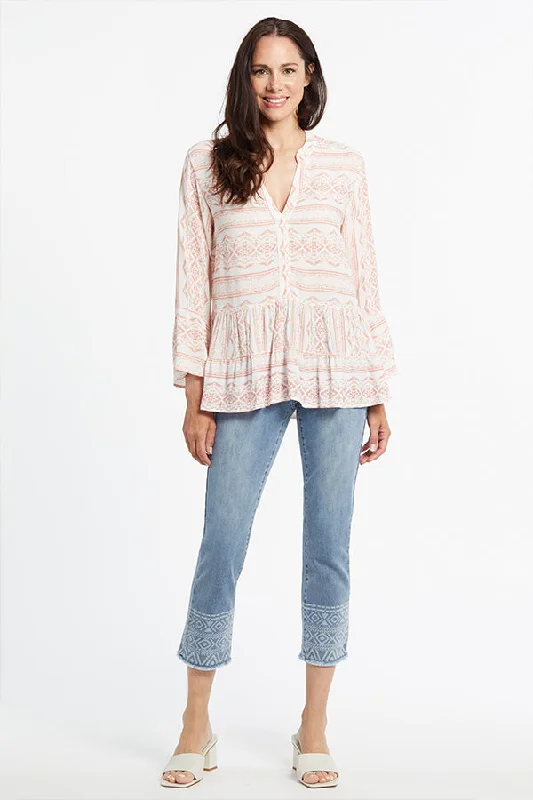 Women's Cold Shoulder Shirts -Tribal Flutter Hem Peplum Blouse