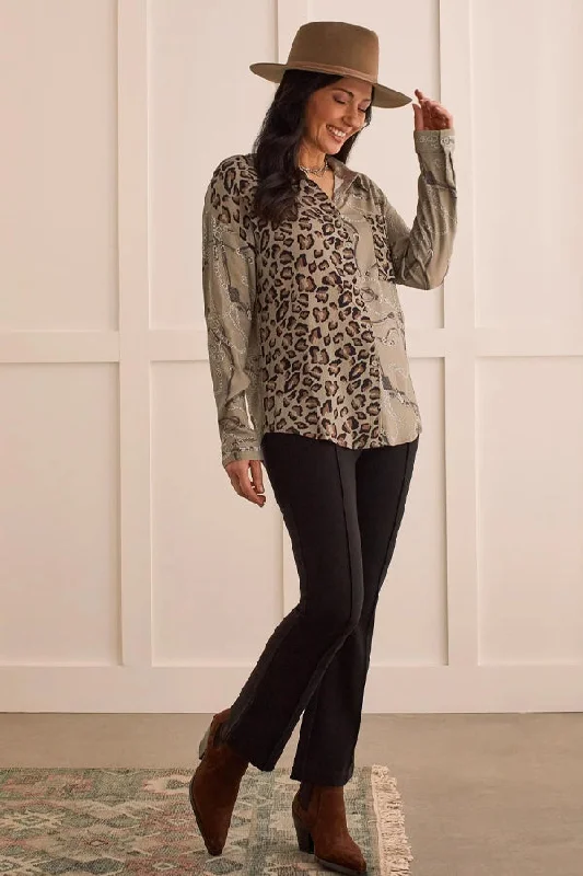 Women's Chiffon Blouses -Tribal Roll-Sleeve Mixed Print Blouse