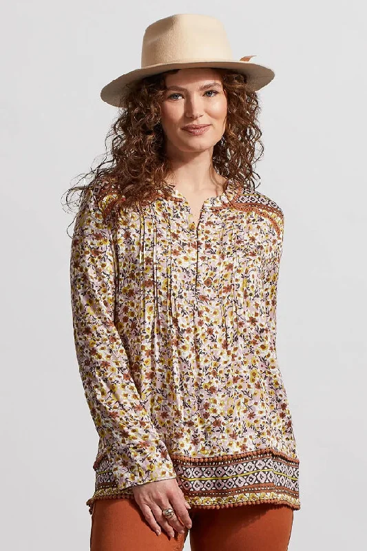 Women's Blouse Tops -Tribal Roll-Sleeve Pintuck Blouse