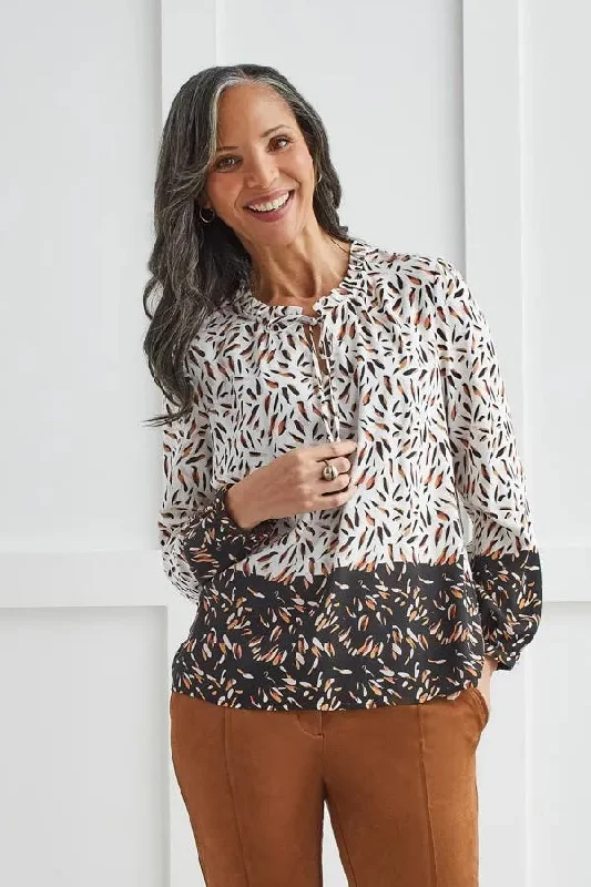 Women's Tied Shirt Tops -Tribal Tasseled Border Print Blouse