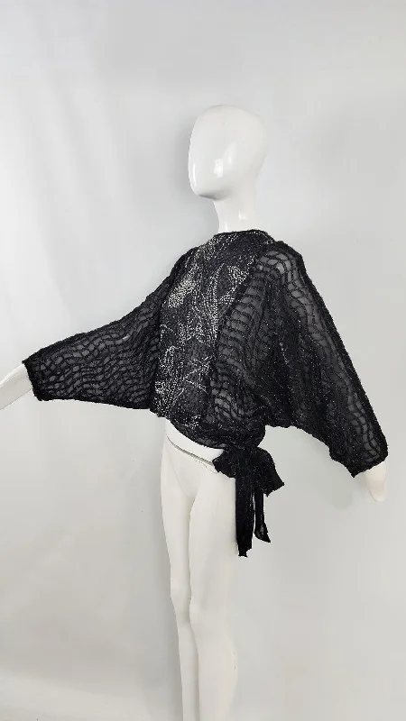 Women's Striped Blouses -Trudie McCarthy Vintage Sheer Black Batwing Blouse, 1980s