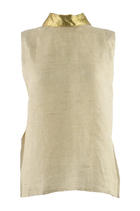 Women's Loose Fit Shirts -Vintage Gold Collar Backless Linen Blouse, 1990s