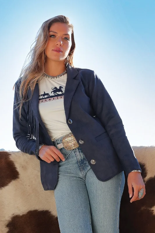 Women's Warm Blazers for Fall -WOMEN'S SUEDE BLAZER - NAVY #CWJ7496001