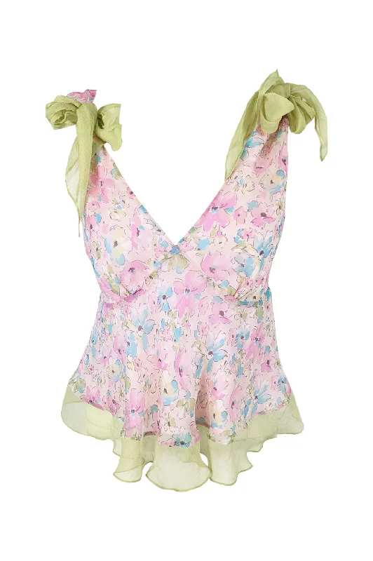 Women's Boat Neck Shirts -Womens Vintage Pastel Pink & Green Bow Blouse, 2000s