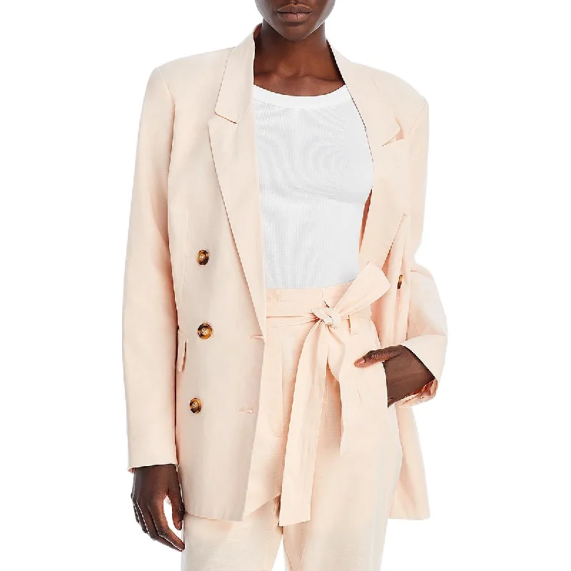 Women's Blazers with Flared Pants -Aqua Womens Linen Blend Lapel Two-Button Blazer