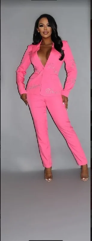 Women's Blazers with Minimal Details -2 Piece Powersuit Blazer & Pants Set With Rhinestone Letterings On Blazer