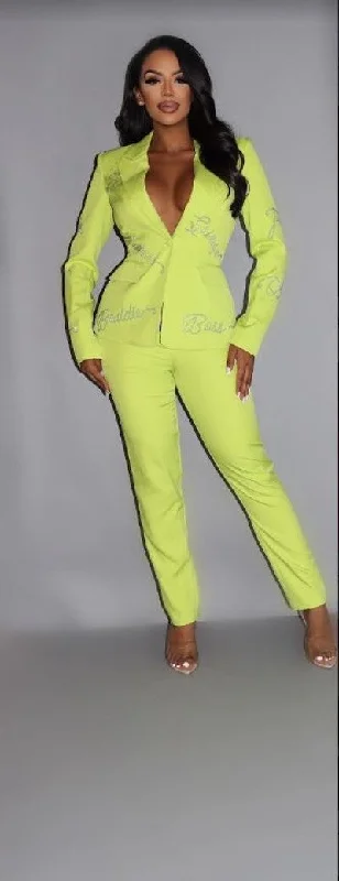 Women's Double-front Blazers -2 Piece Powersuit Blazer & Pants Set With Rhinestone Letterings On Blazer