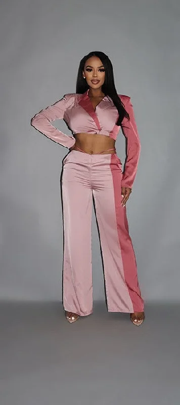 Women's Cropped Formal Blazers -Colorblock Crop Blazer With Matching Low Rise Wide Leg Pant Set With Pockets