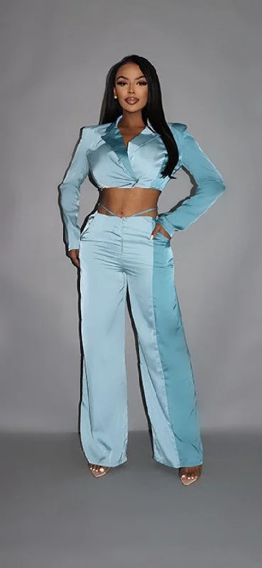 Women's Buttonless Blazers -Colorblock Crop Blazer With Matching Low Rise Wide Leg Pant Set With Pockets