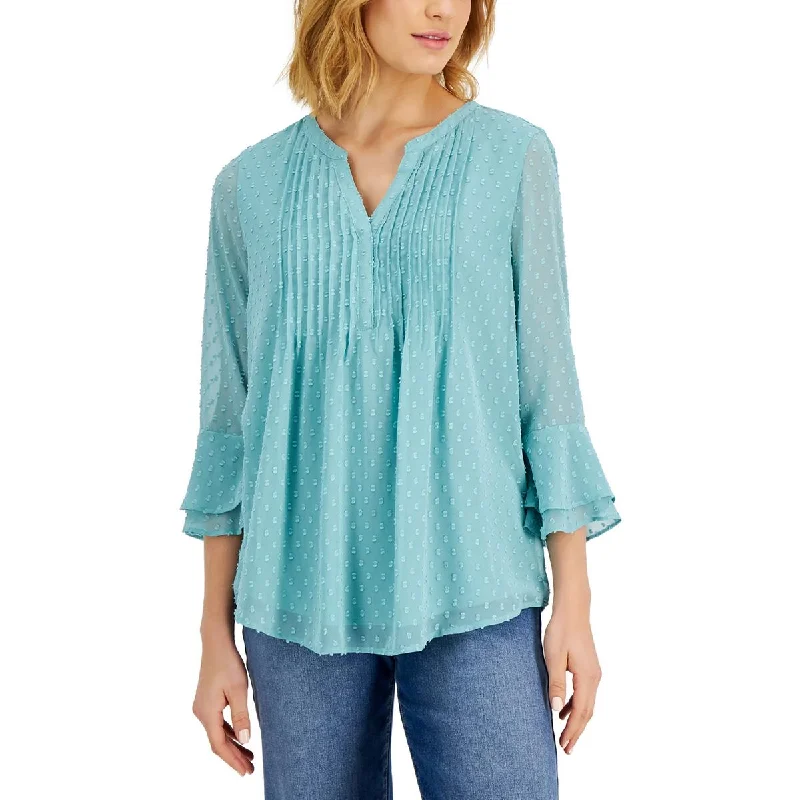 Women's Shirt Dresses -Charter Club Womens Petites Pintuck Split Neck Blouse
