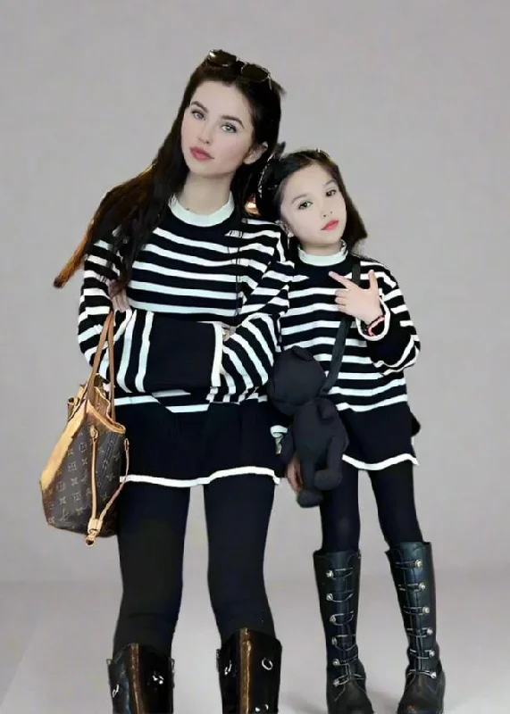 Women's Sweater Set with Full-Sleeve Design -Cozy Matching Black & White Striped Sweater Set for Mom and Daughter Women's Sweater Set with Full-Sleeve Design -Cozy Matching Black & White Striped Sweater Set for Mom and Daughter