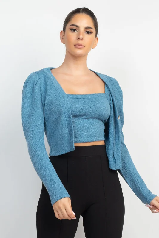 Women's Burgundy Blazers -Geometric Cami Puff Sleeves Blazer Top Set