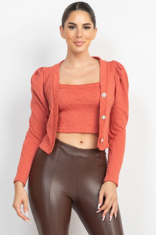 Women's Open Collar Blazers -Geometric Cami Puff Sleeves Blazer Top Set