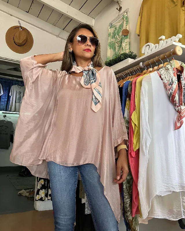 Women's Draped Blouses -Italian Plain Silky Raw Waterfall Sides Blouse
