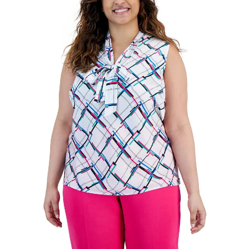 Women's Cotton Casual Shirts -Kasper Womens Plus Geometric Tie-Neck Blouse