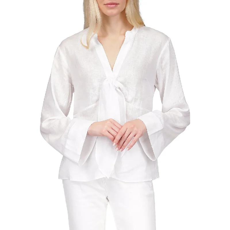 Women's Smocked Blouses -MICHAEL Michael Kors Womens V-Neck Bow Button-Down Blouse