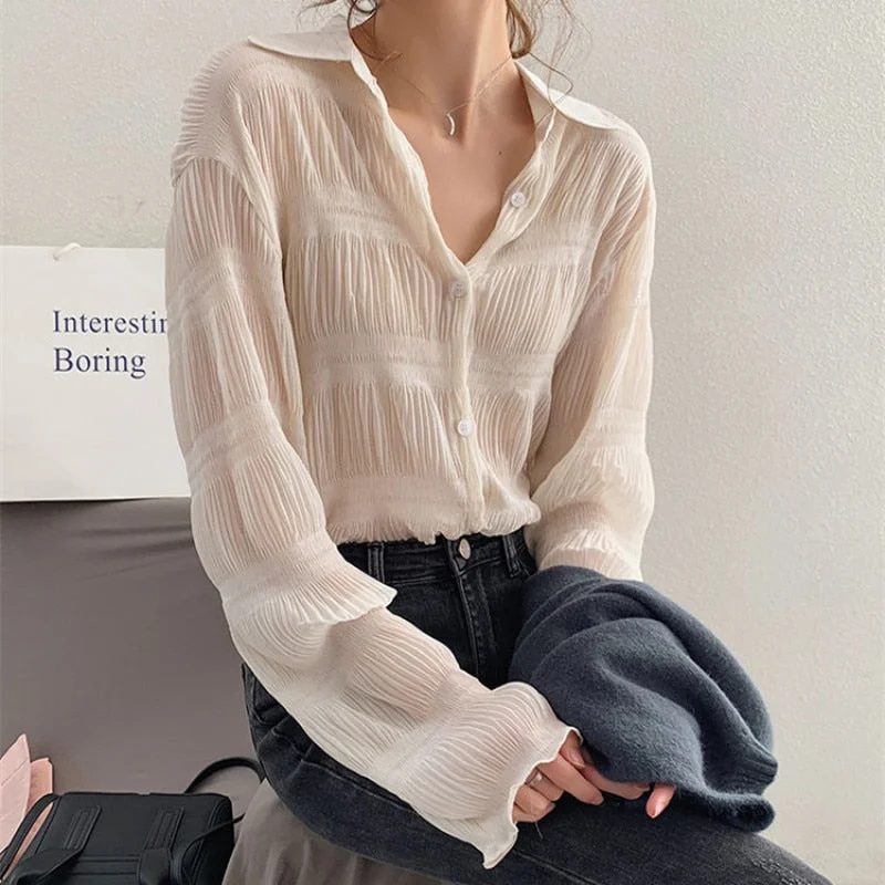 Women's V-neck Button-up Blouses -New 2022 Spring Vintage Elegant Women Chiffon Blouses Casual Long Sleeve Blusas Femme Turn-down Collar Solid Shirts Female Tops Women's V-neck Button-up Blouses -New 2022 Spring Vintage Elegant Women Chiffon Blouses Casual Long Sleeve Blusas Femme Turn-down Collar Solid Shirts Female Tops