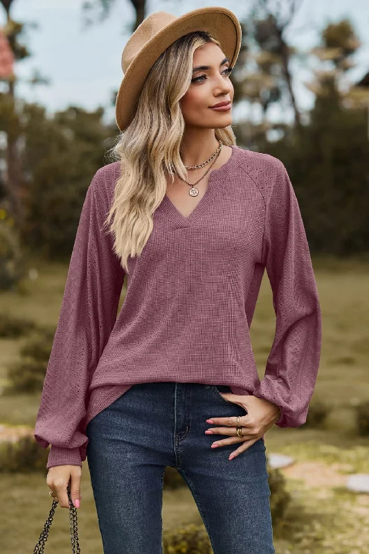 Women's V-neck Tunic Blouses -Notched Neck Raglan Sleeve Blouse