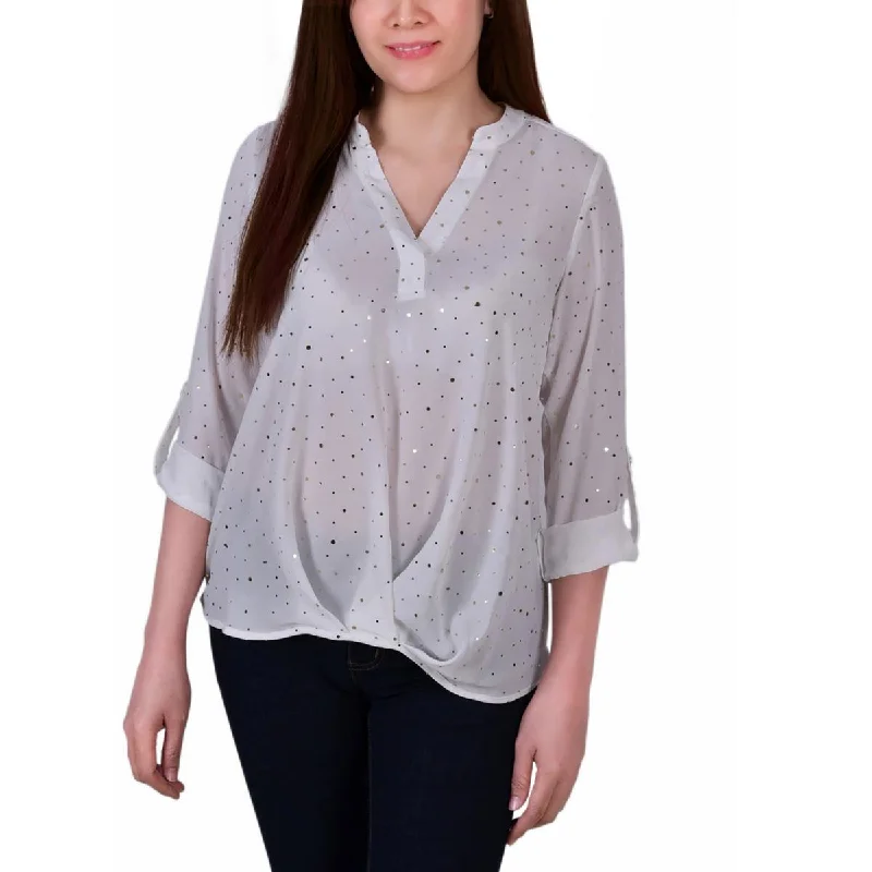 Women's Pocketed Blouses -NY Collection Womens Petites 3/4 Sleeve Metallic Blouse