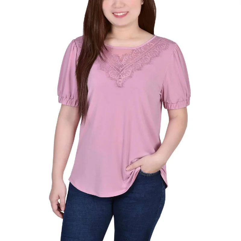 Women's Linen Button-up Shirts -NY Collection Womens Petites Lace Neckline Puff Sleeve Blouse Women's Linen Button-up Shirts -NY Collection Womens Petites Lace Neckline Puff Sleeve Blouse