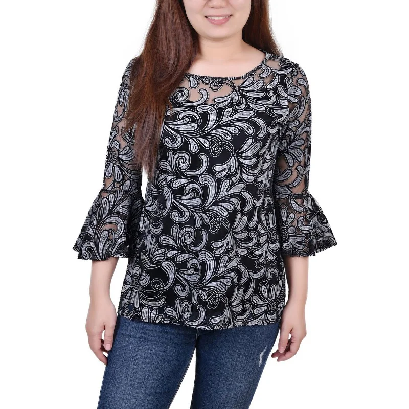 Women's Stretch Blouses -NY Collection Womens Petites Printed Elbow Sleeve Blouse