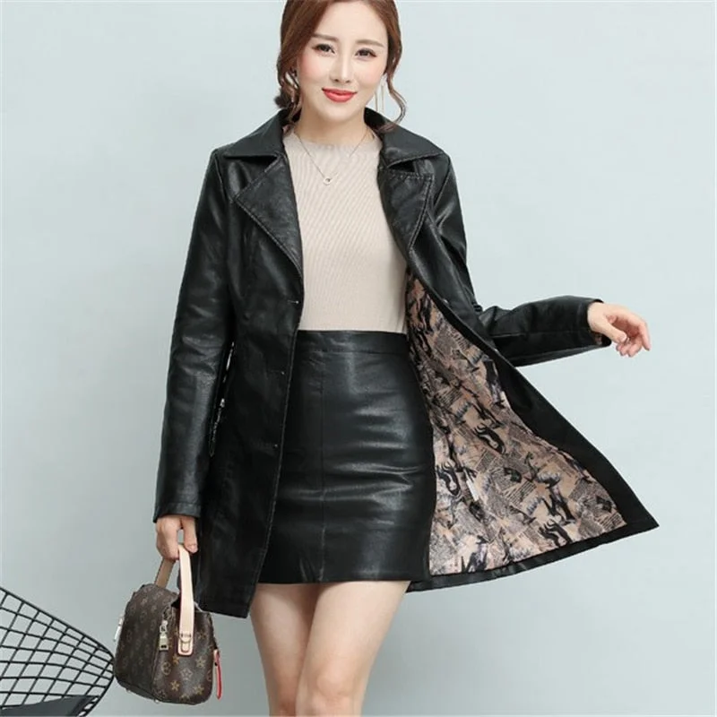 Women's Long Sleeve Casual Blazers -Winter New girl  thick Leather Jacket Long Women's Coat slim Fashion punk Female Motorcycle Clothing faux leather Blazer autumn