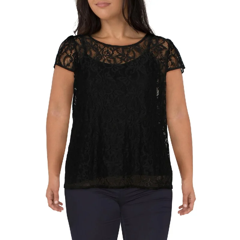 Women's Stretchy Blouses -Black Tape_ Womens Plus Lace Cap Sleeve Blouse