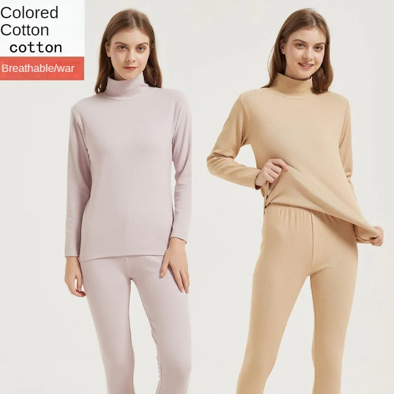 Women's Sweater Set with Belt -Colored cotton brushed wool color spun women's pile collar autumn clothes and autumn trousers set autumn and winter pure cotton mid-high collar bottoming thermal underwear Women's Sweater Set with Belt -Colored cotton brushed wool color spun women's pile collar autumn clothes and autumn trousers set autumn and winter pure cotton mid-high collar bottoming thermal underwear