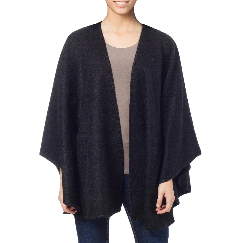 Women's Hooded Cloak Sweater-Ebony Sky Black Alpaca Blend Ruana Cloak