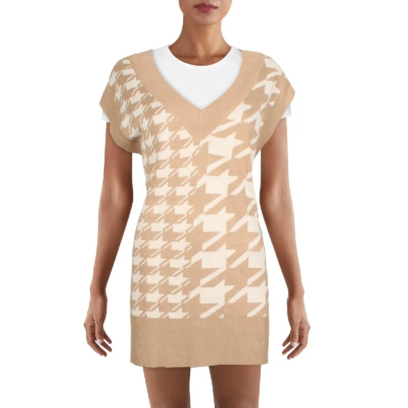 Women's Sweaterdress with Puff Sleeves -Kingston Grey Womens Knit Houndstooth Sweaterdress Women's Sweaterdress with Puff Sleeves -Kingston Grey Womens Knit Houndstooth Sweaterdress