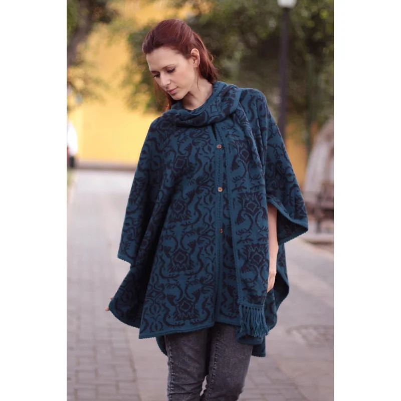 Women's Warm Cloak Sweater for Winter-Lima Flora Blue Alpaca Blend Ruana Cloak