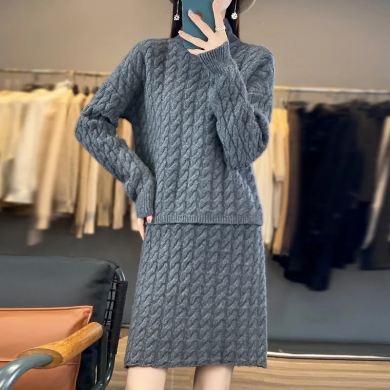 Women's Sweater Set for Winter Fashion -New knitted suit fashionable thickened two-piece set 2023 loose lazy half turtleneck sweater skirt suit Women's Sweater Set for Winter Fashion -New knitted suit fashionable thickened two-piece set 2023 loose lazy half turtleneck sweater skirt suit